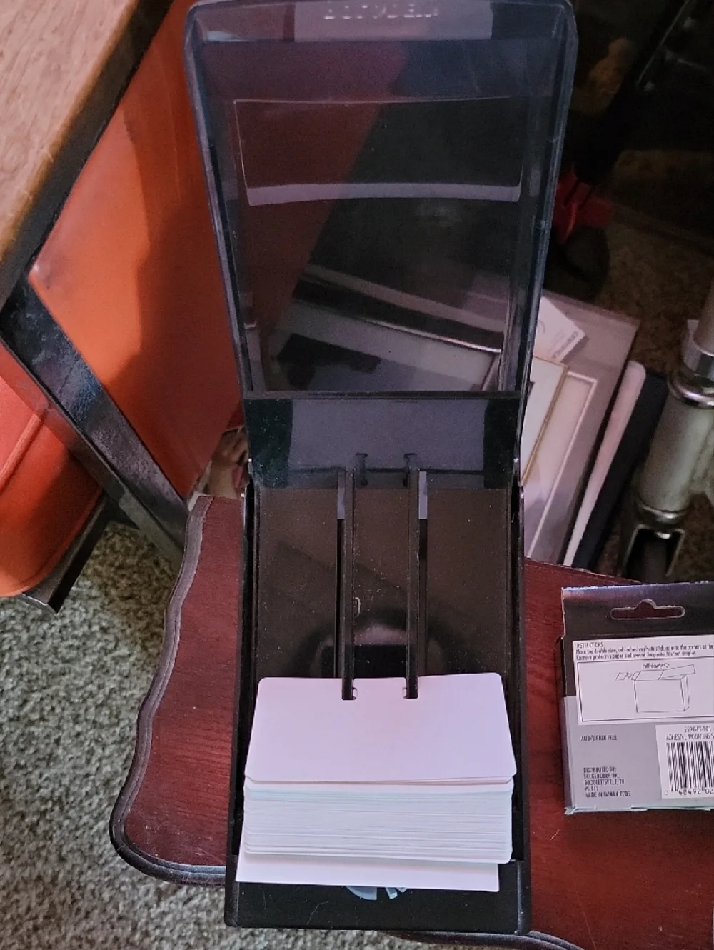 Black Index Card/File Holder with White Cards & Adhesive Mounting Squares